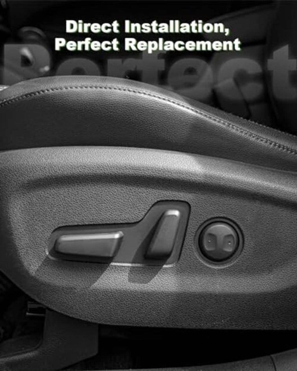Close-up of black power seat switch handle and control dial on seat
