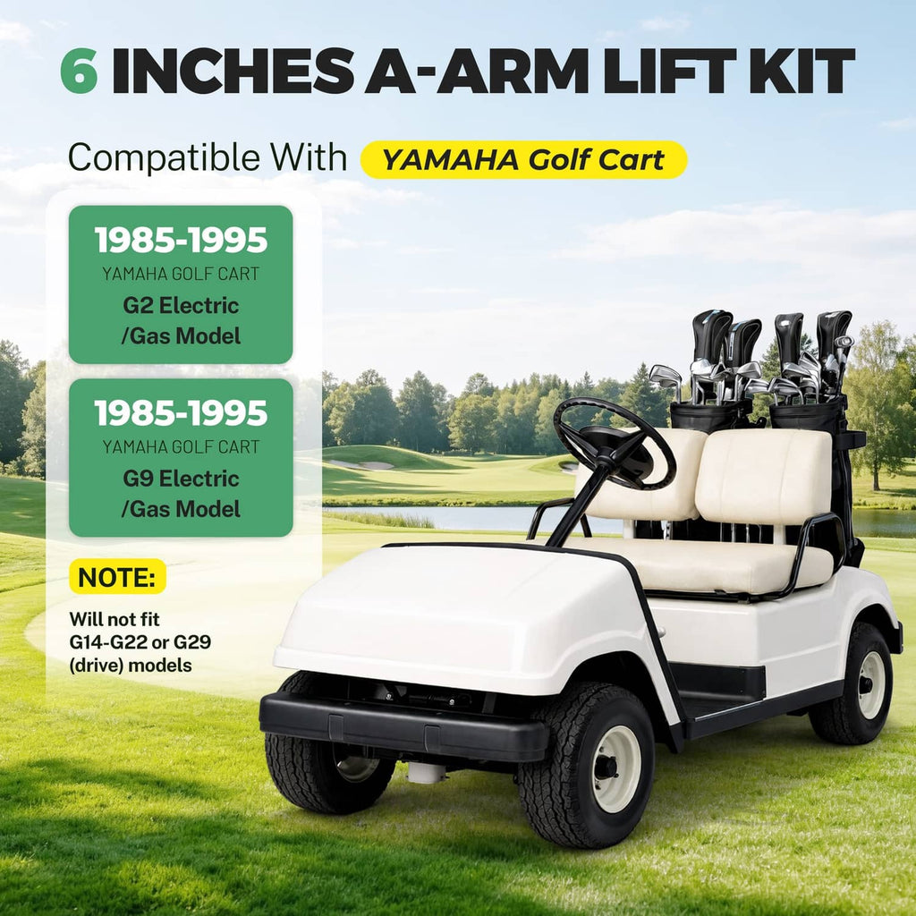 6-inch A-arm lift kit shown on a white electric golf cart, compatibility for 1985-1995