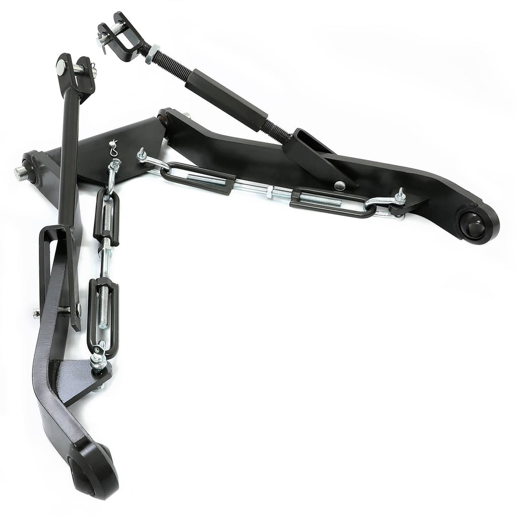 Black 3-point hitch kit with long stabilizer arm, lift link, and adjustable rod