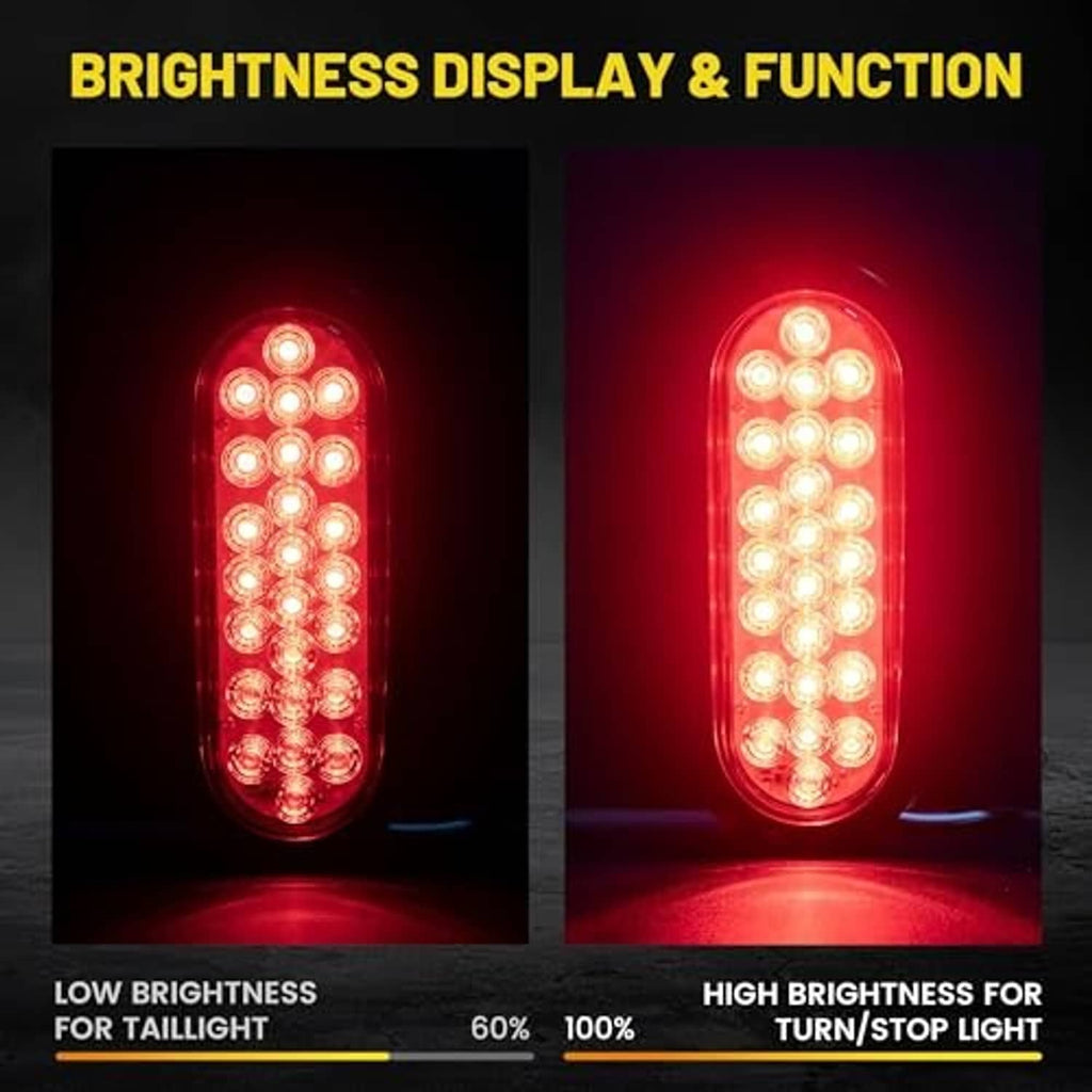 Oval red LED trailer tail light displaying dim low and bright high illumination