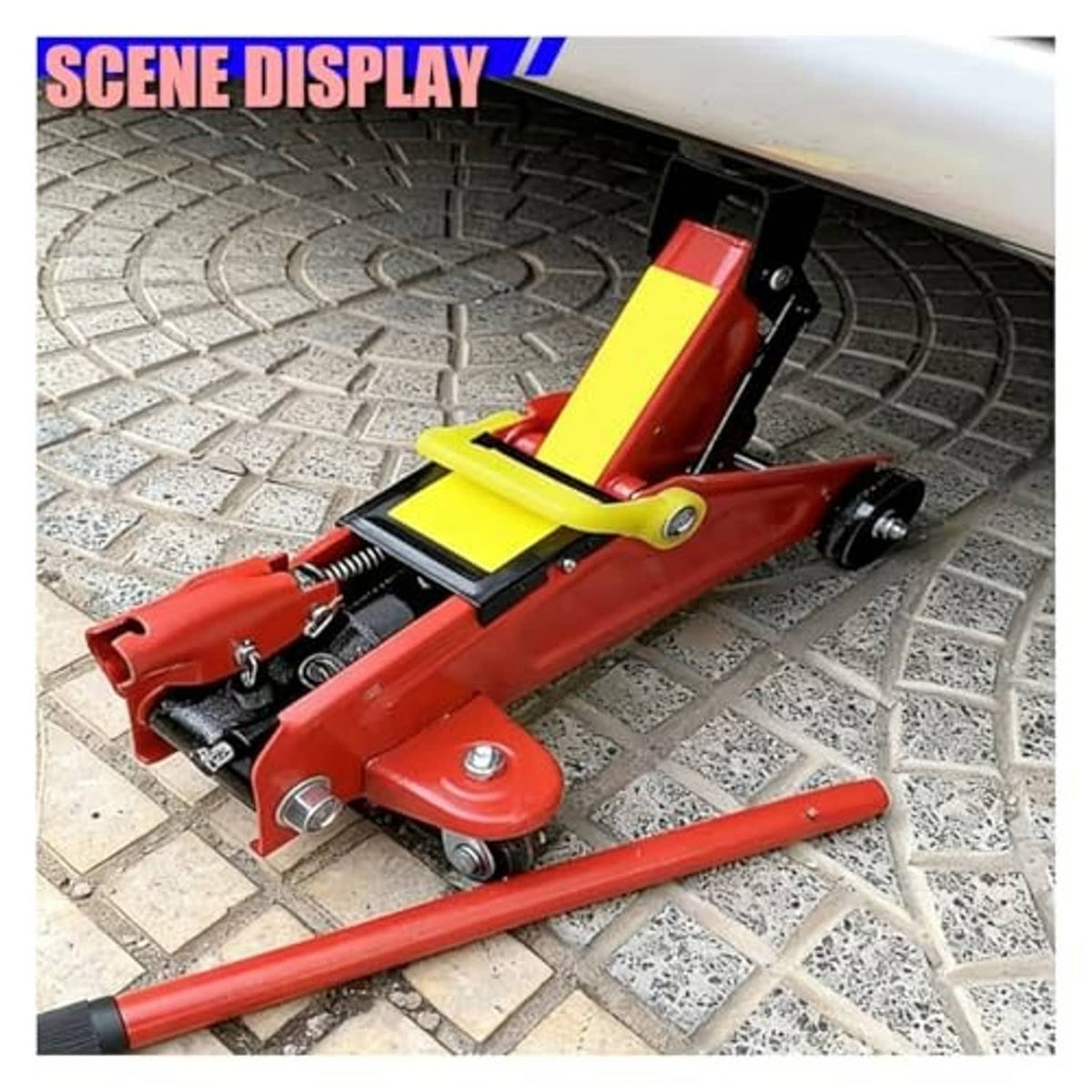 Red bottle jack with orange lifting cylinder and black base wheels