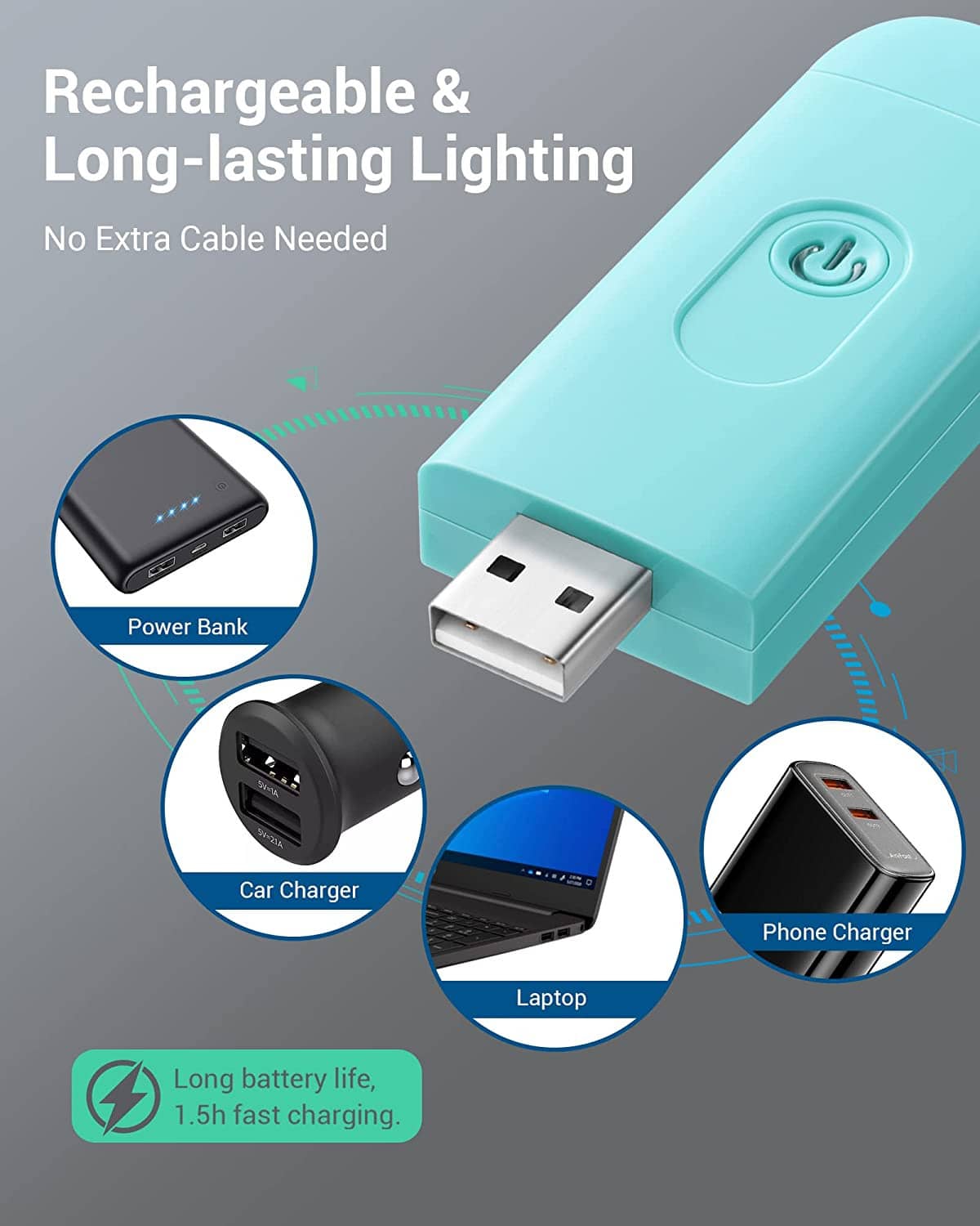 Turquoise USB rechargeable LED book light with clip, shown charging via USB port.