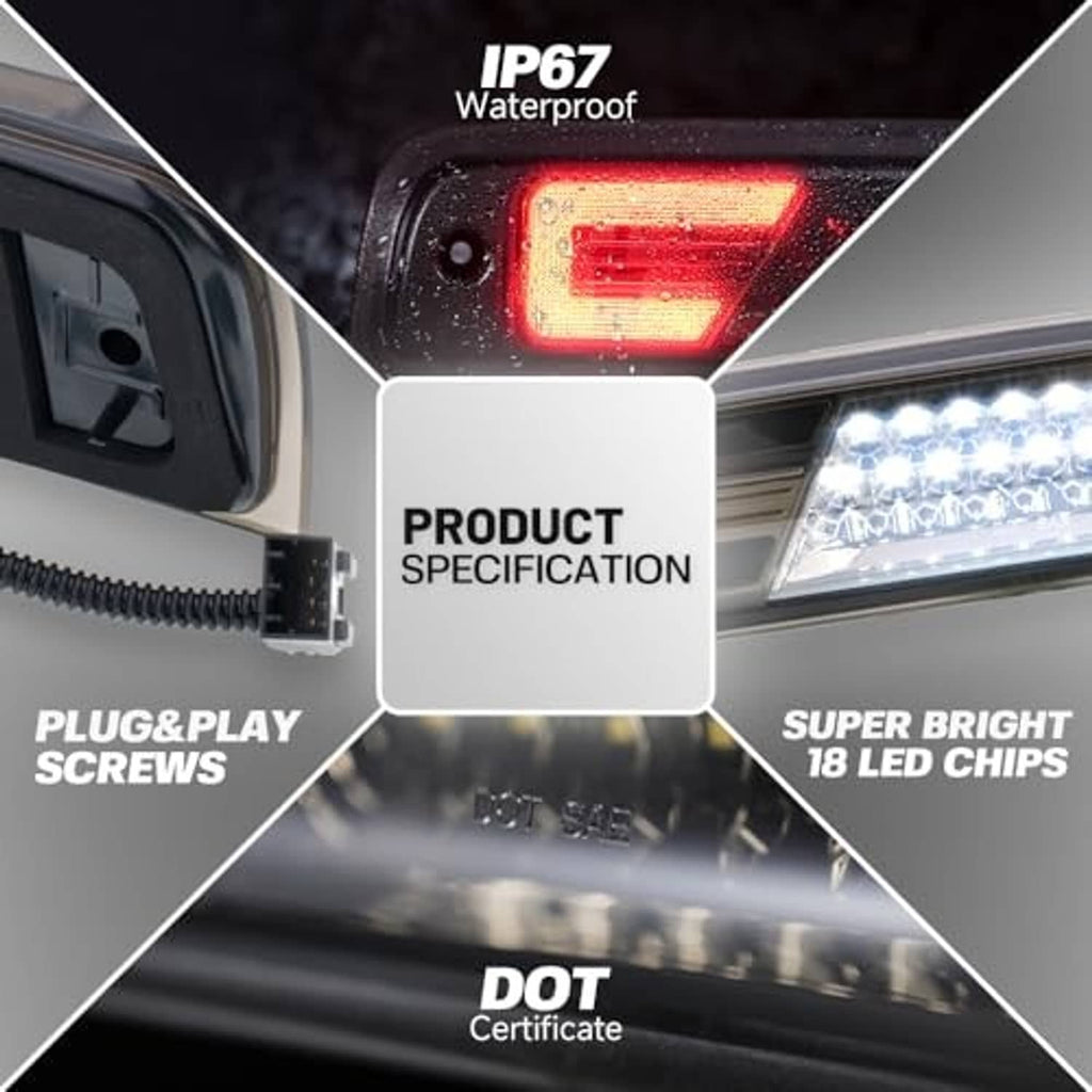 Close-up smoked-lens LED third brake light with red glow and clear LED chip array