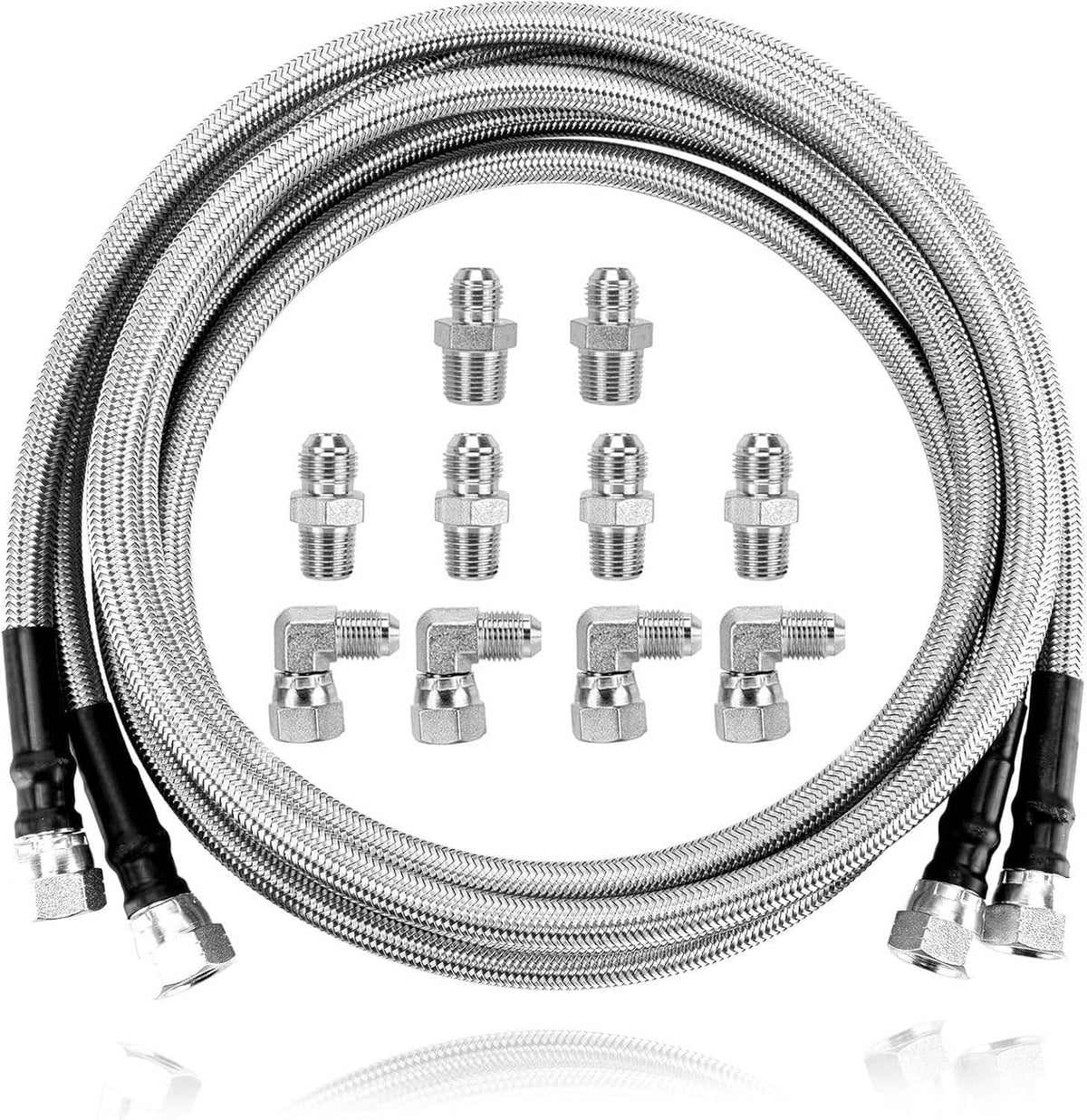 Braided stainless transmission cool hose lines kit with flare fittings, silver