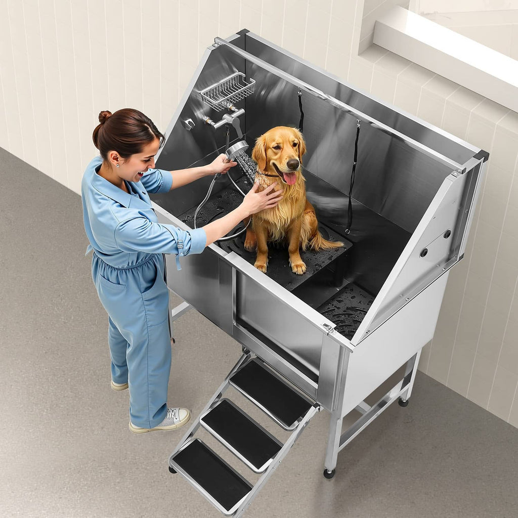 Stainless steel pet grooming tub with right stair, dog inside and sprayer