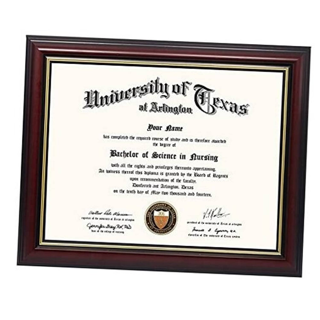 Cherry wood certificate diploma frame with gold trim, clear document under UV glass