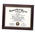 Cherry wood certificate diploma frame with gold trim, clear document under UV glass