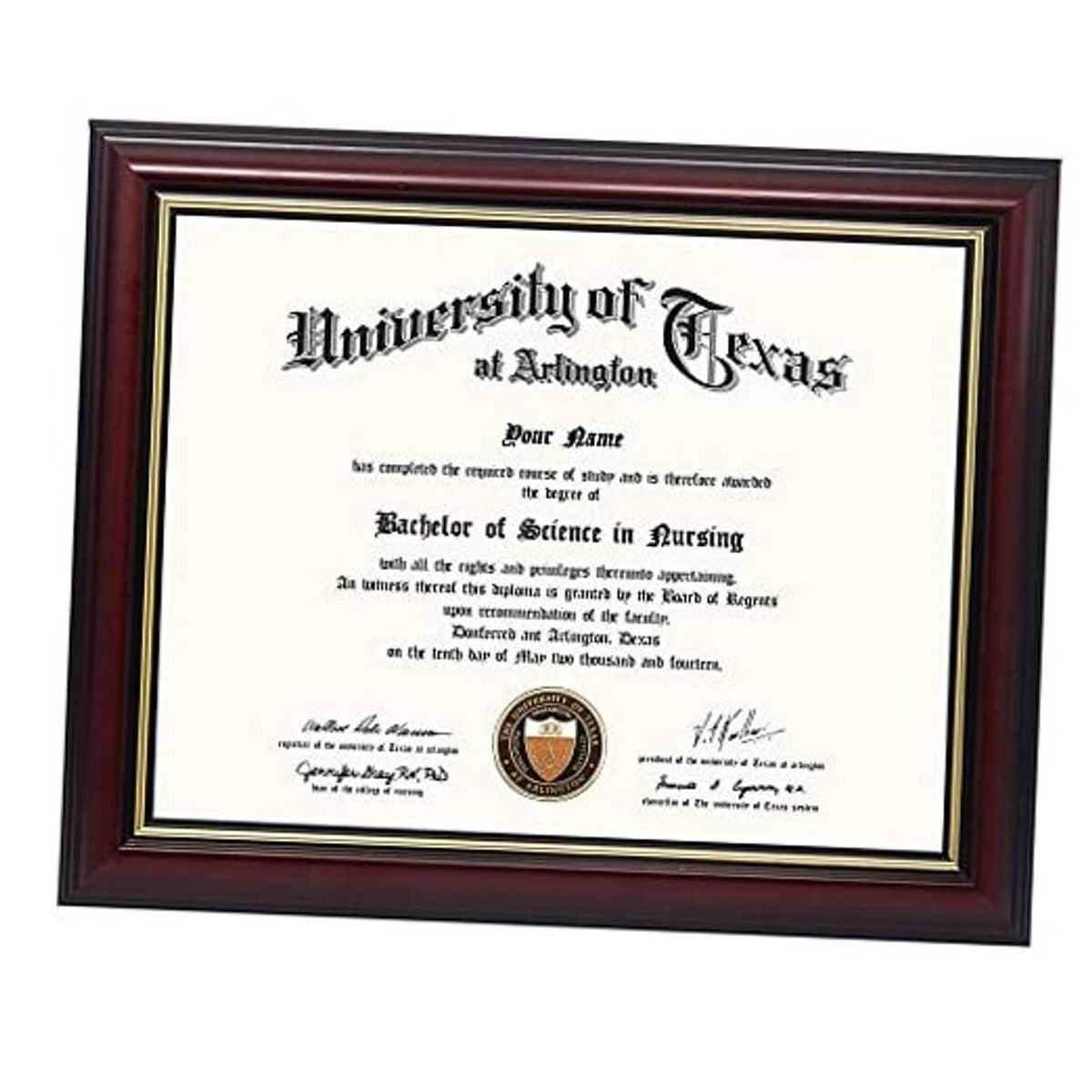 Cherry wood certificate diploma frame with gold trim, clear document under UV glass