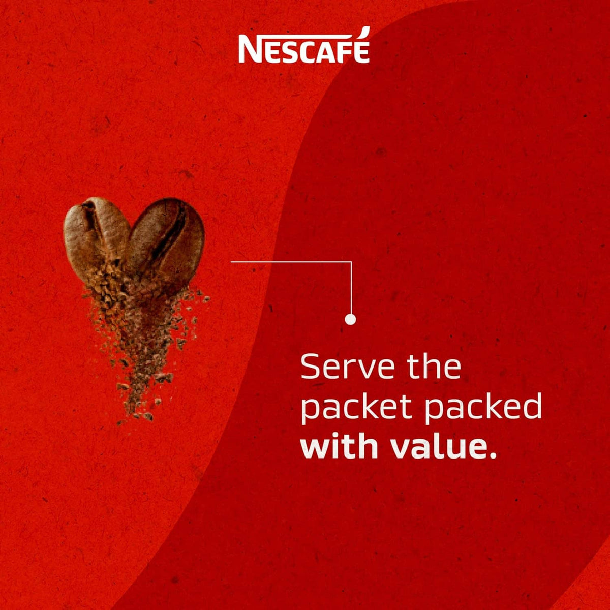 Instant coffee pouch graphic with coffee grounds and serve-the-packet message