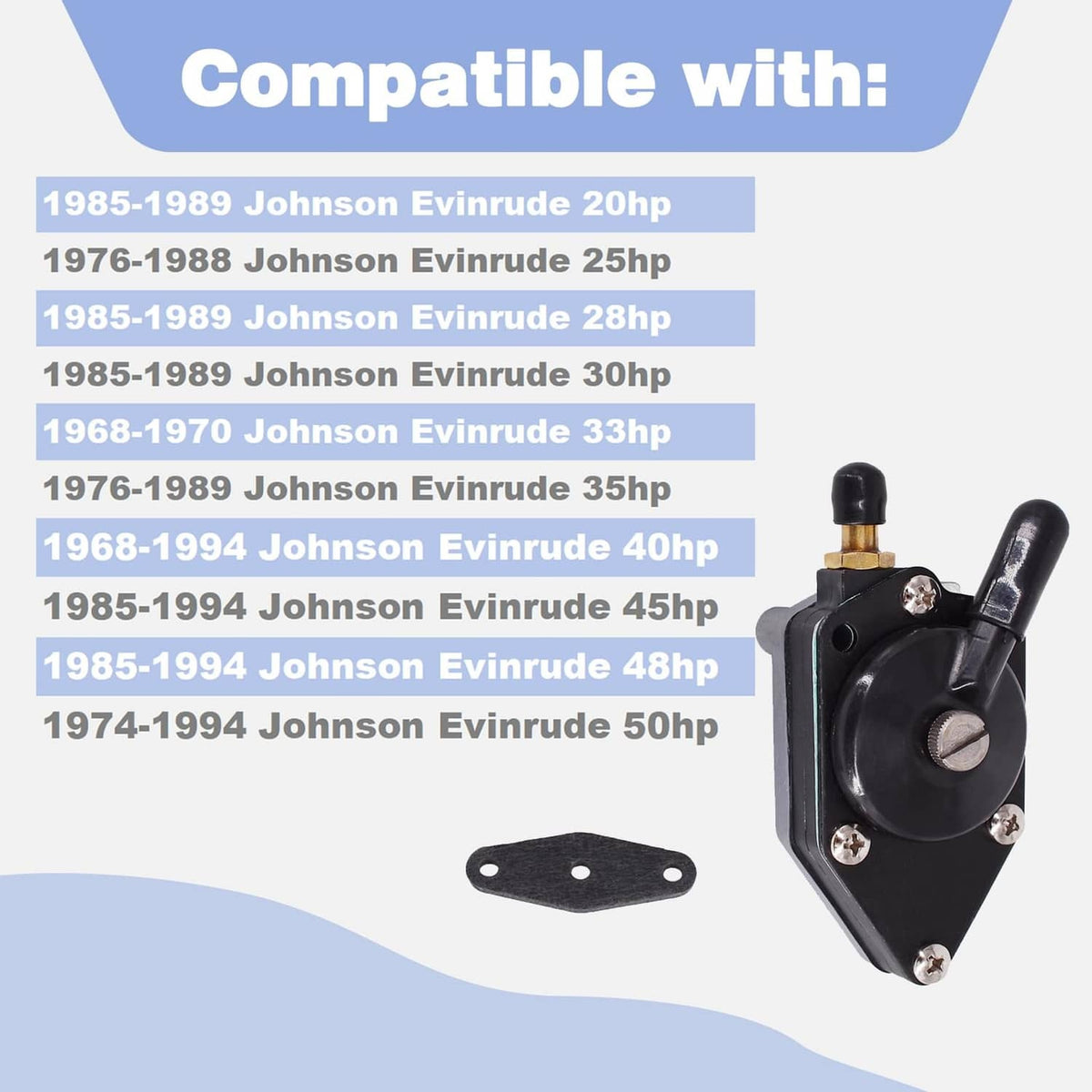 Black marine fuel pump with metal base, threaded outlet, and gasket
