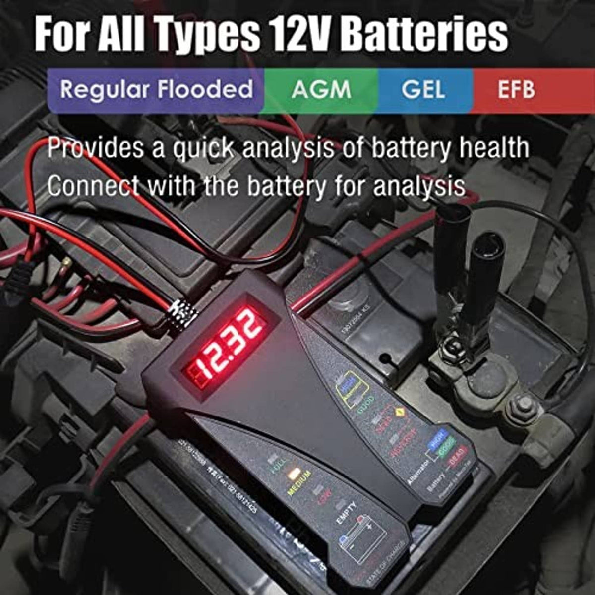 Red 12V battery tester voltmeter with clamp leads and digital screen