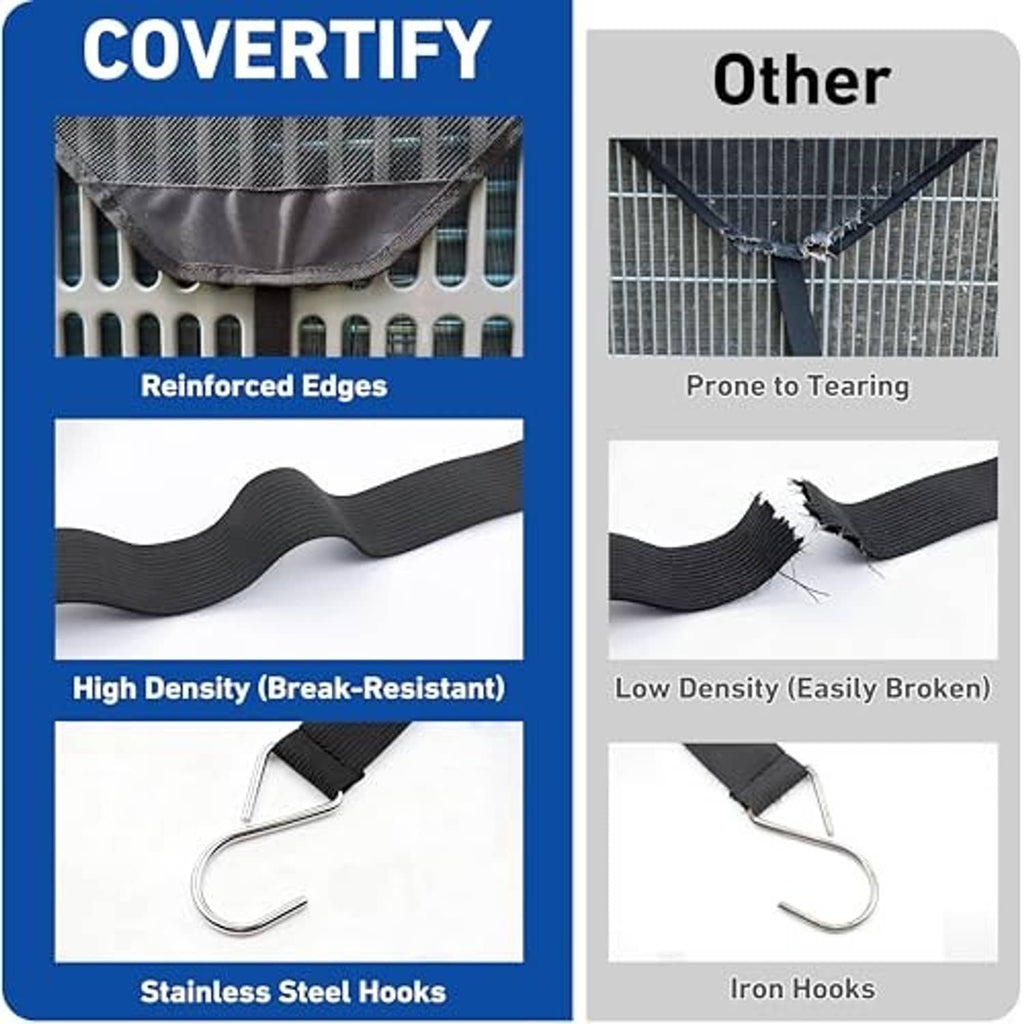 Outdoor AC condenser cover with reinforced edges and stainless steel hooks for tying