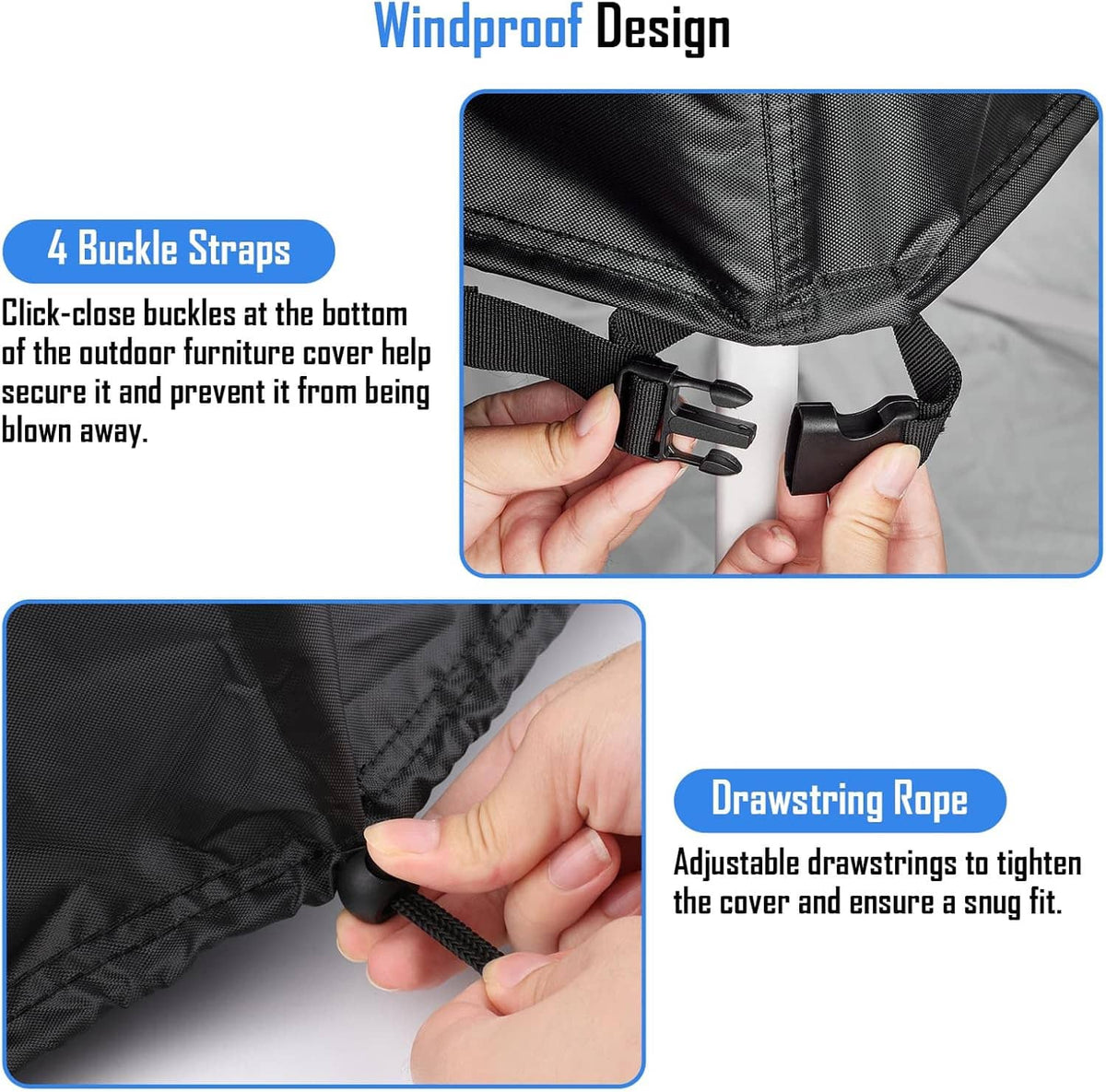 Round black patio table cover with windproof buckle straps and adjustable drawstring rope