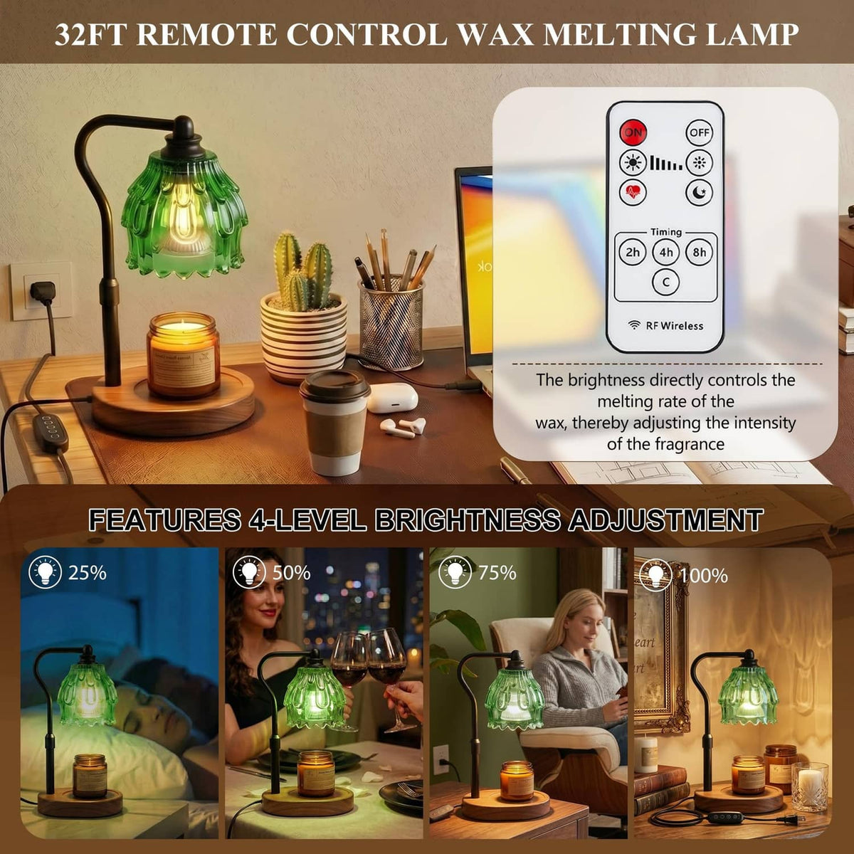 Green glass flame-less candle warmer lamp with black stand plus wireless remote control.