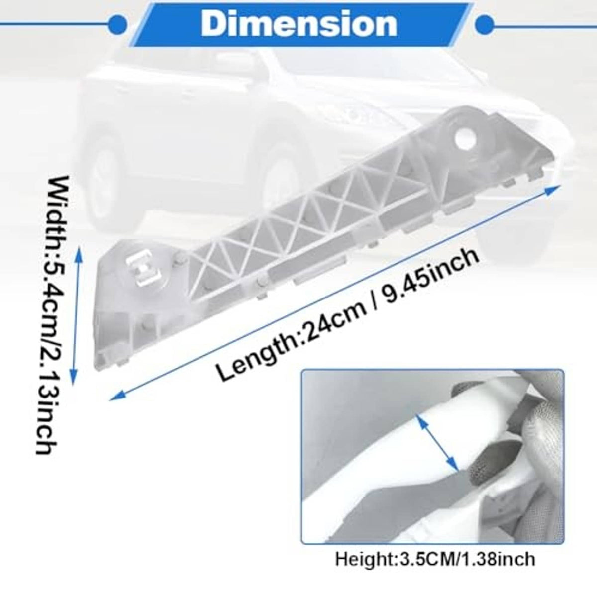 Front bumper side support bracket, white plastic with mounting hole and grid brace.