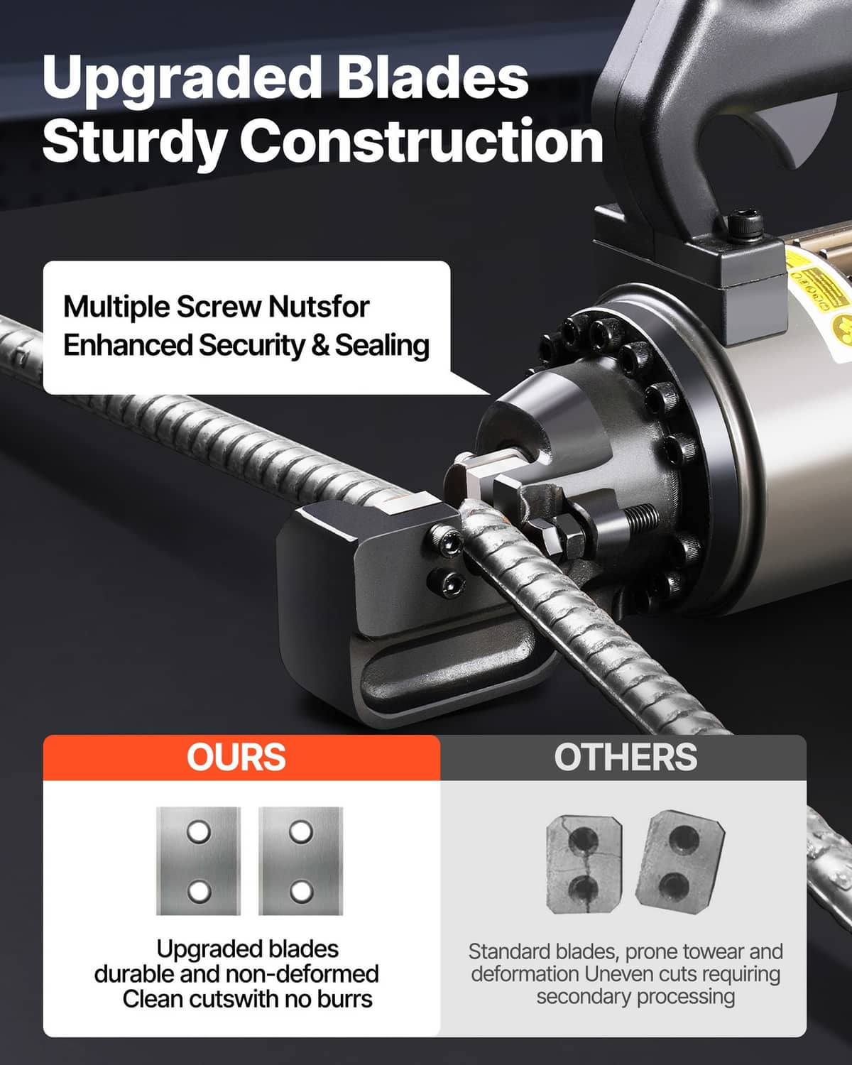 Electric hydraulic rebar cutter blade area with upgraded screws and clamp jaw