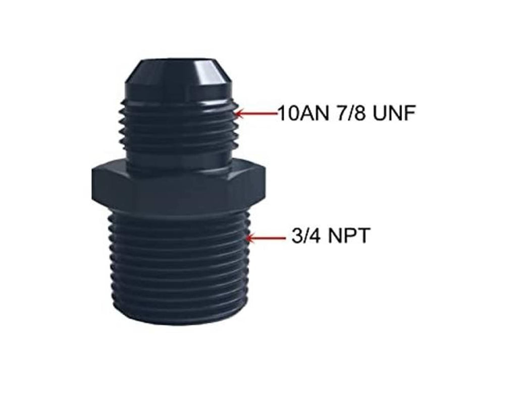 Black 10AN 7/8 UNF to 3/4 NPT male adapter fittings, two black pieces
