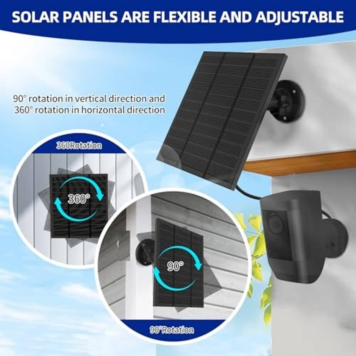 Adjustable black solar panel with wall base mount and long charging cable