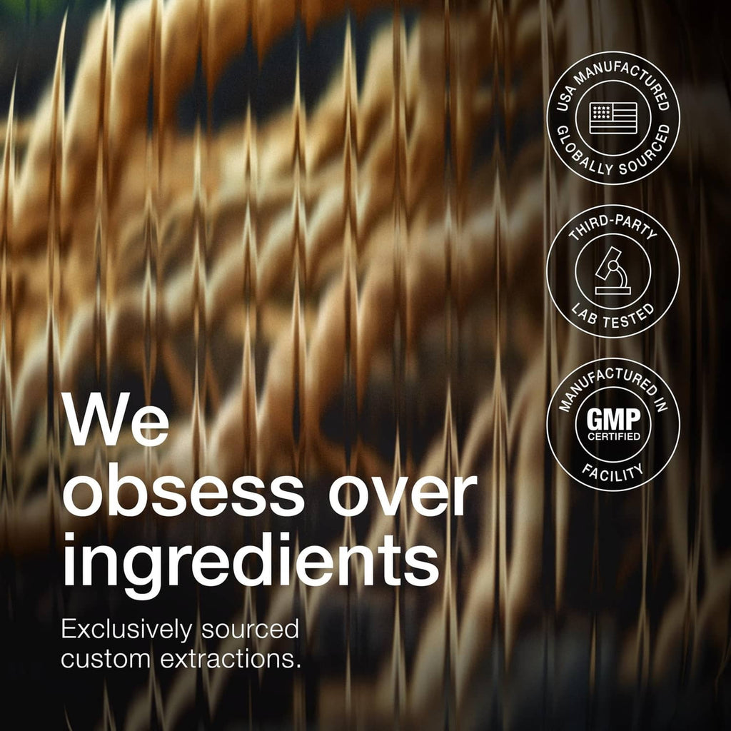 Ashwagandha+ marketing panel with ingredient close-up and quality certification seals