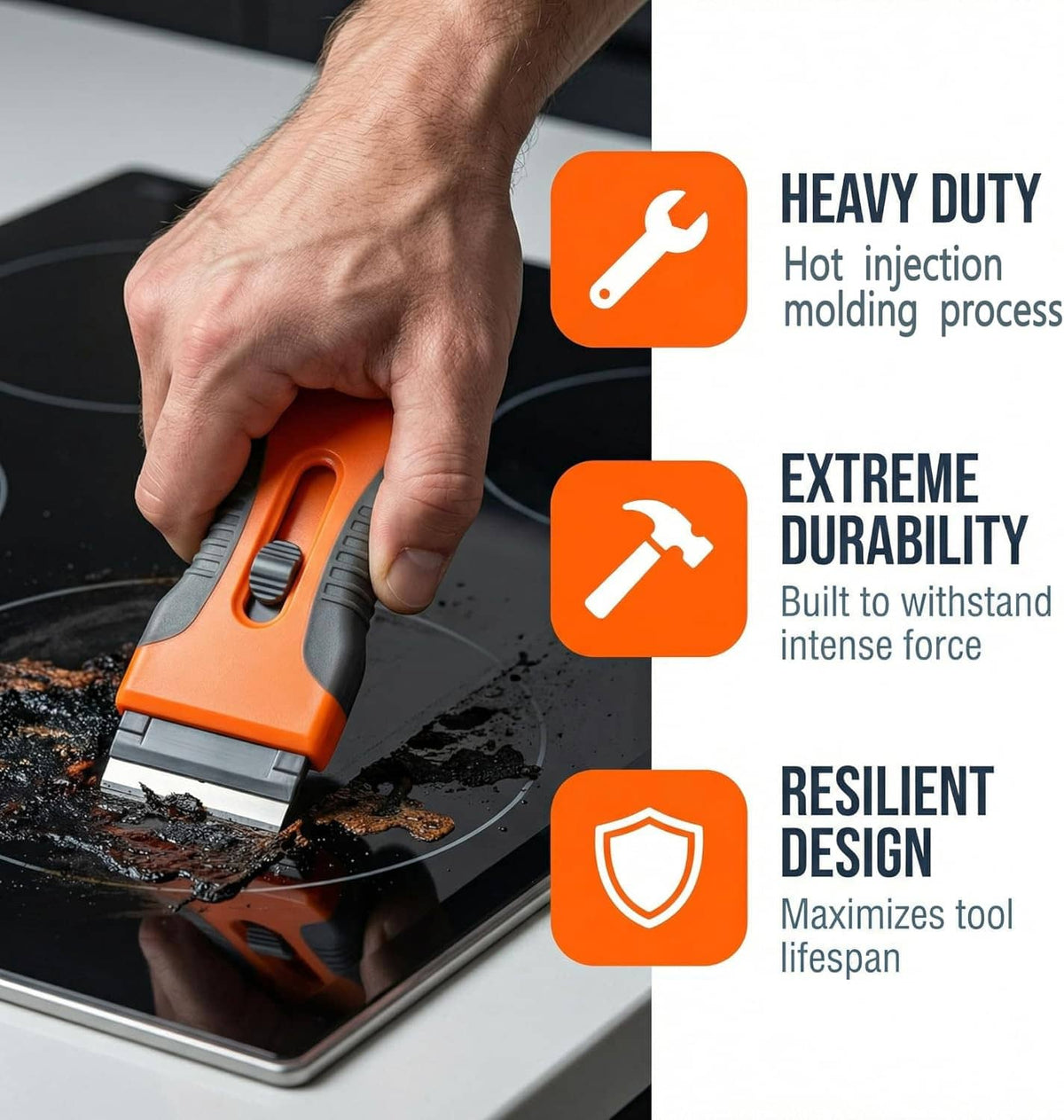 Hand holding an orange and gray retractable razor scraper with flat blade edge