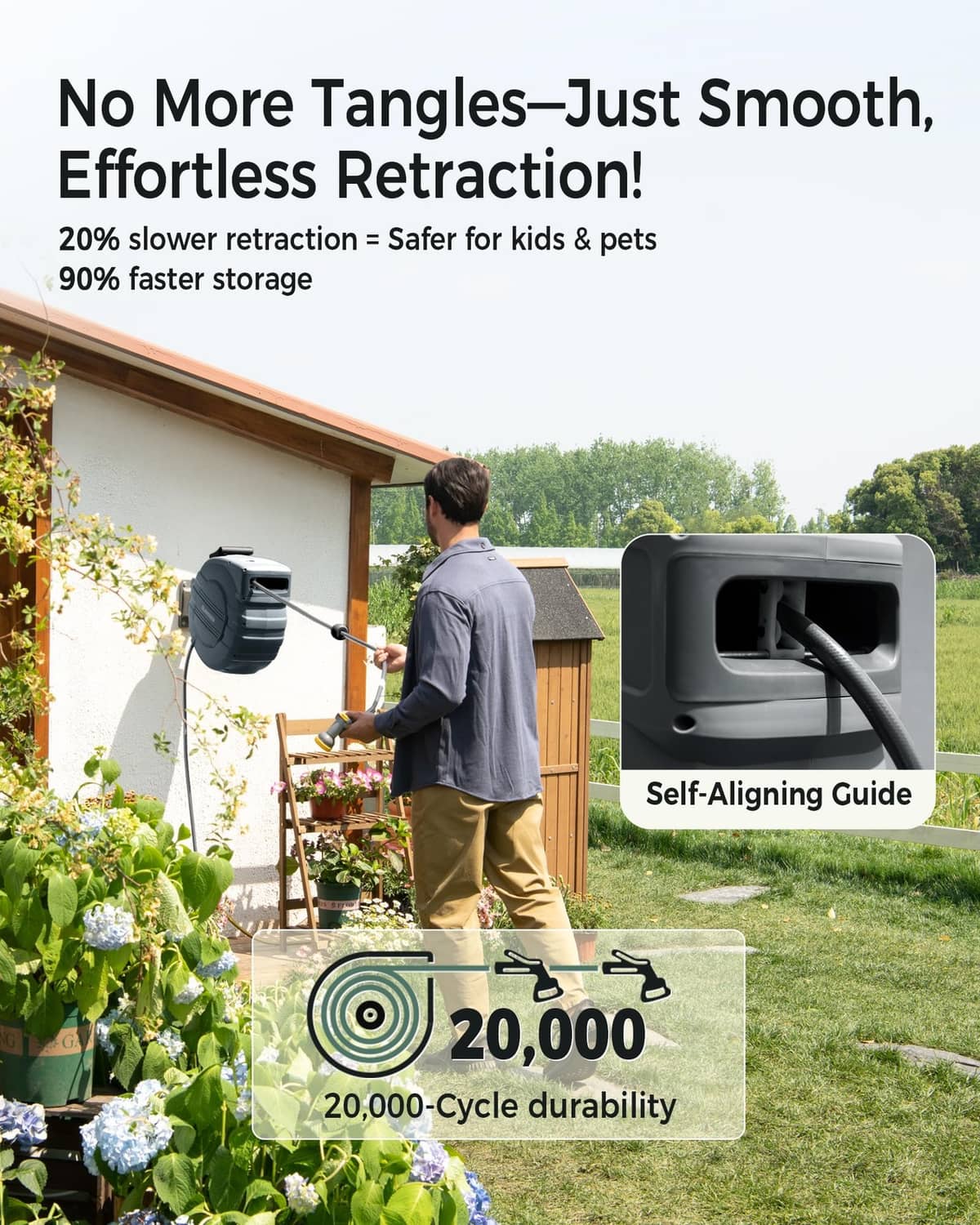 Retractable dark gray hose reel with smooth retraction and wall guide bracket