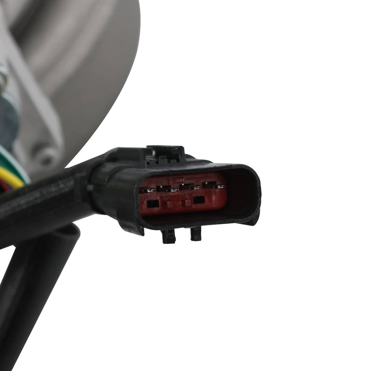 Turbocharger wiring harness connector with red interior and multi-color wires