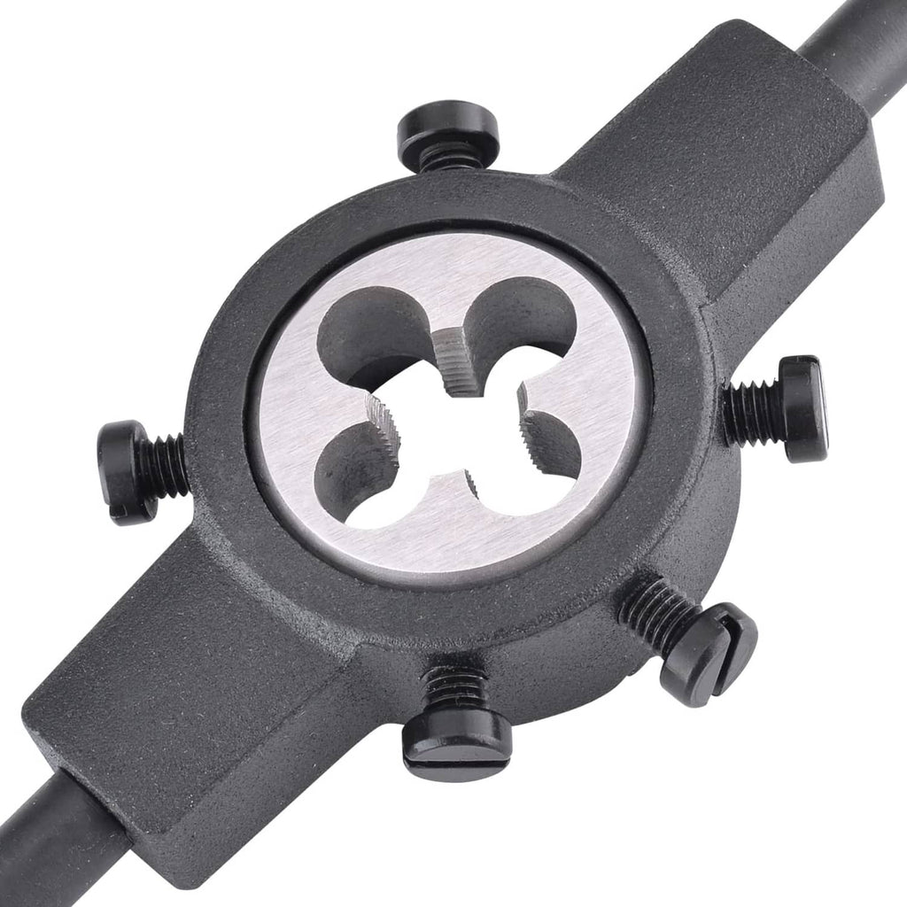 Threading die mounted on a dark holder, circular silver die with four cutting openings