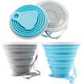 Collapsible silicone travel cup set, blue and gray cups folded with carry strap loops