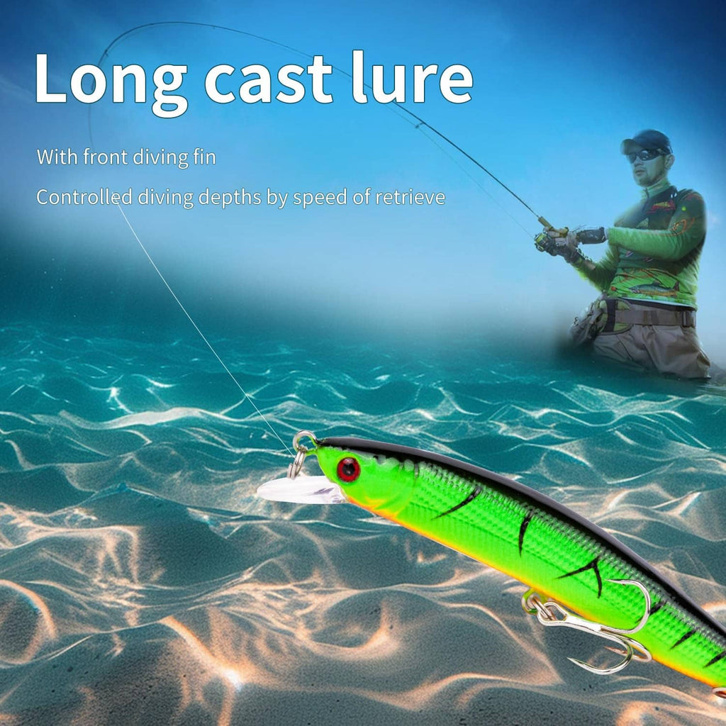 Green and black long-cast diving fishing lure with treble hooks