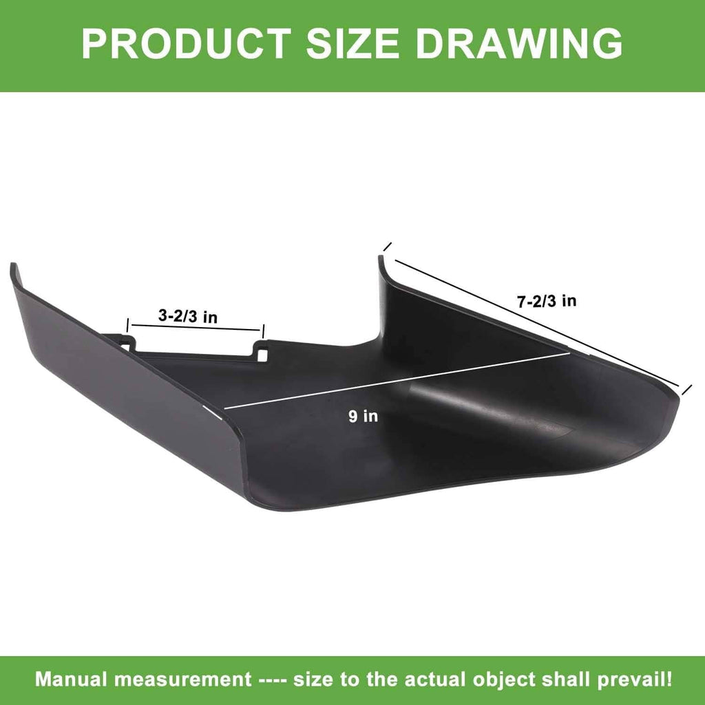 Black side discharge chute with size measurements: 9 in, 3-3/2 in, 7-2/3 in