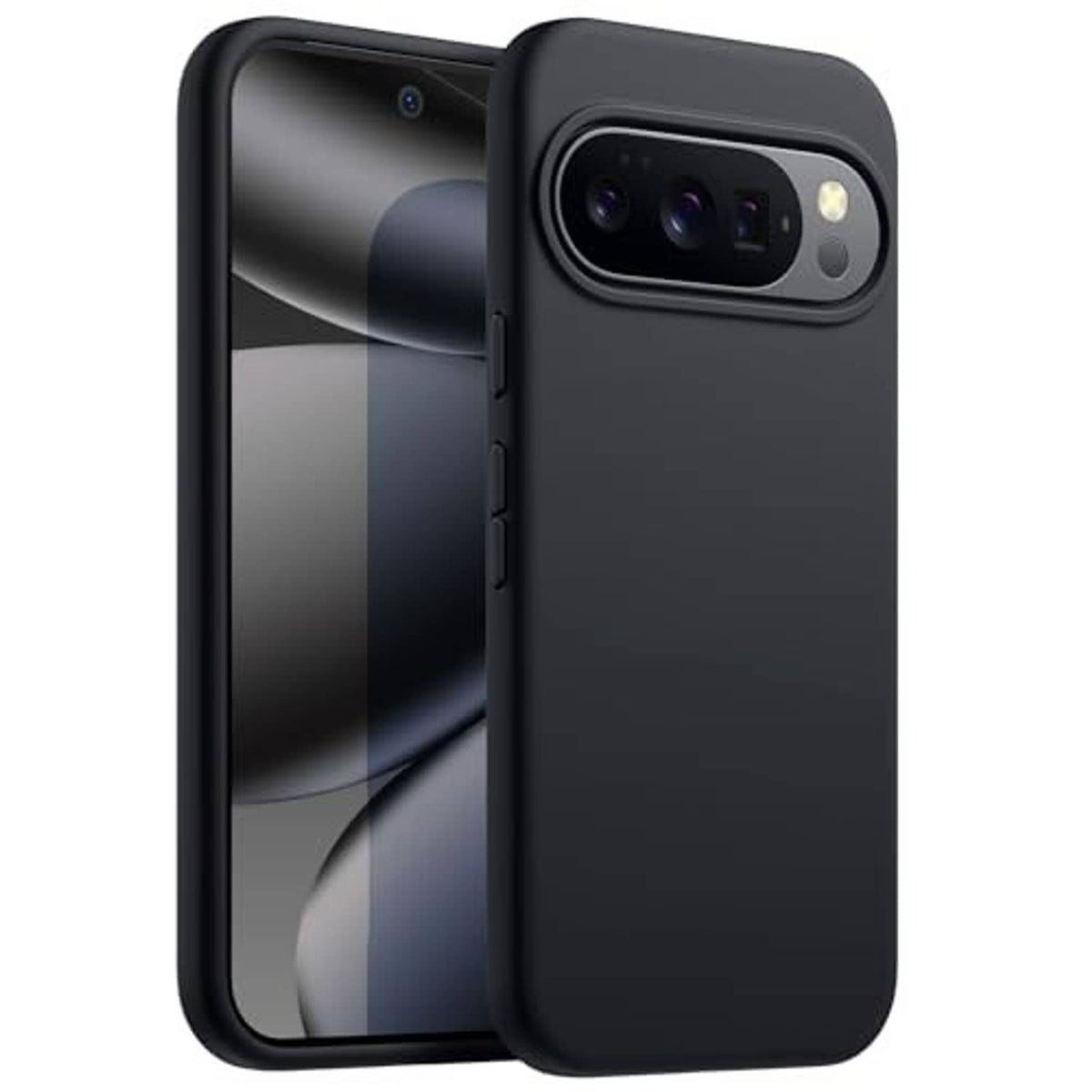 Obsidian black silicone phone case, smooth matte finish, camera cutout visible