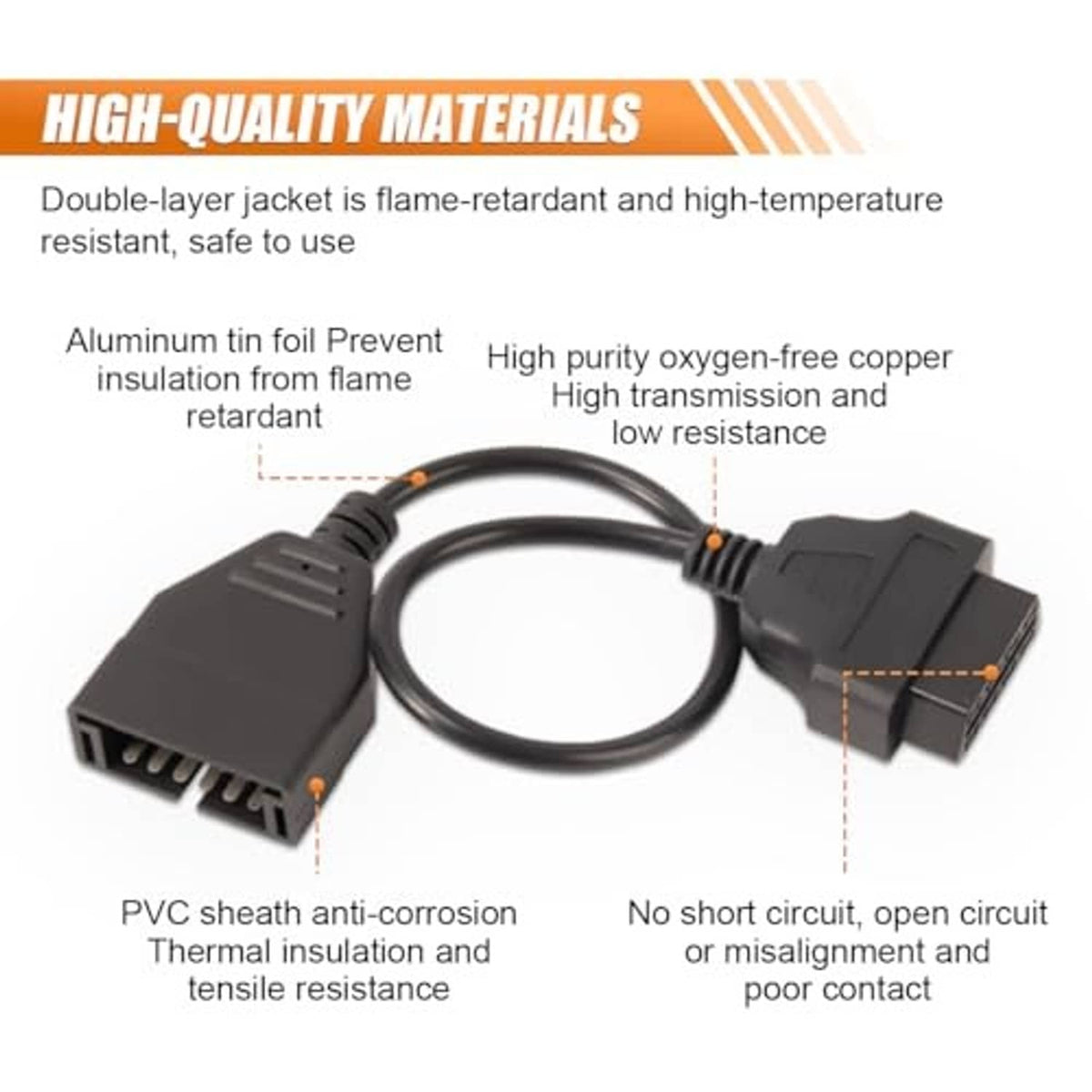 OBD1 to OBD2 adapter cable with black connectors and protective insulated wire