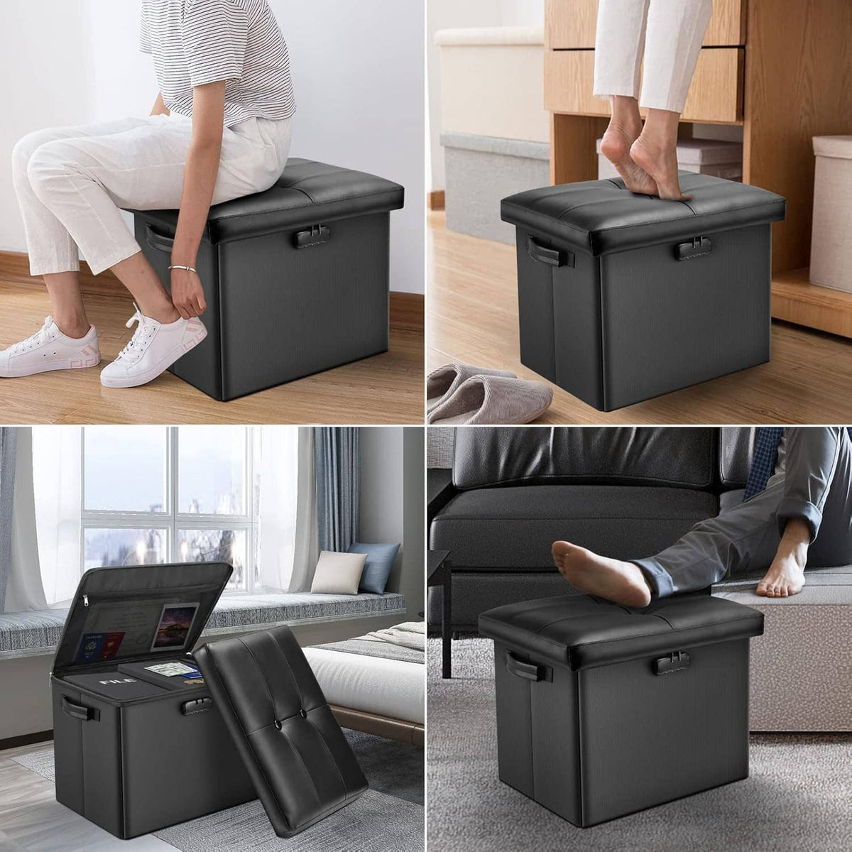 Black storage ottoman with padded top, side latch handles, used as footstool.