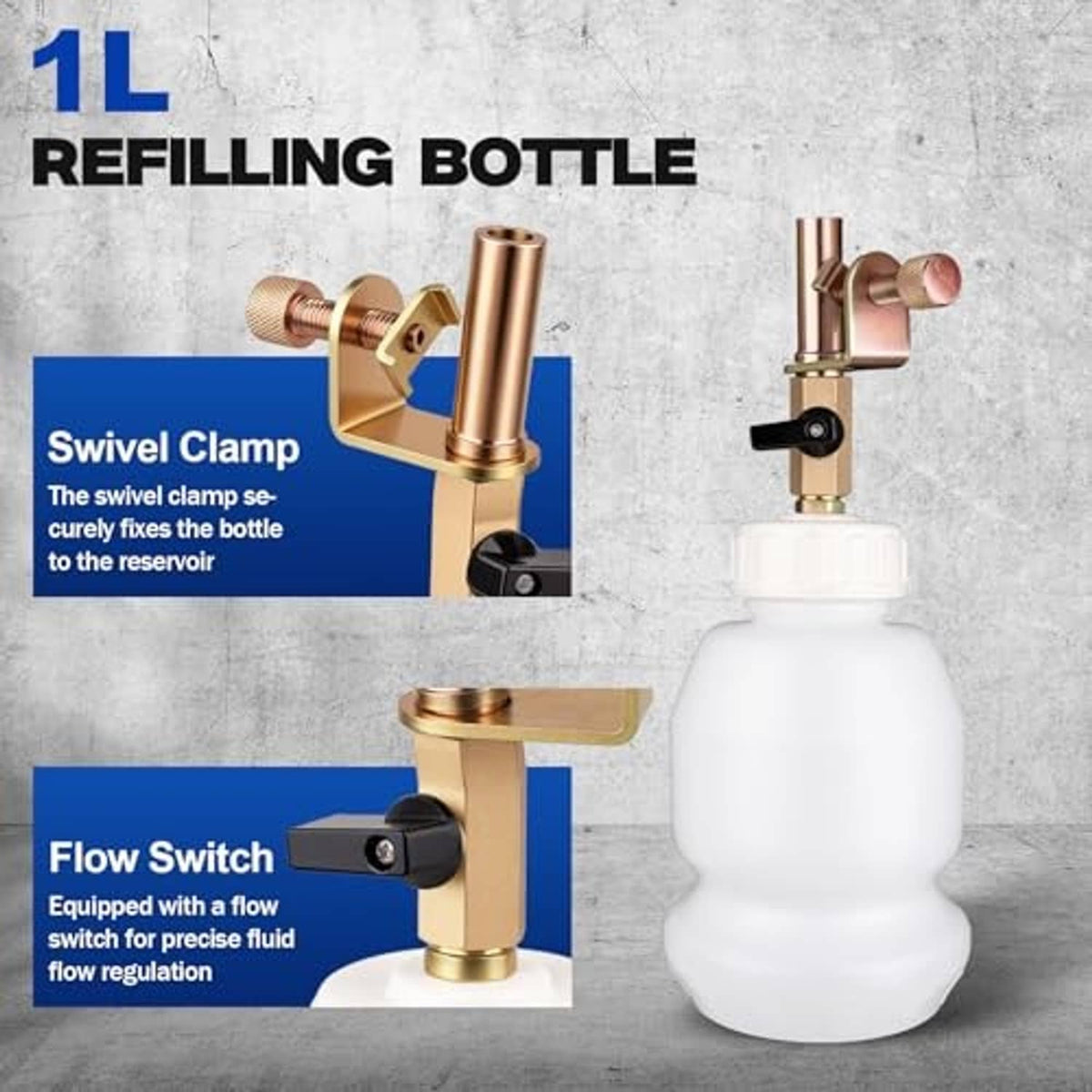 1L brake fluid refill bottle with brass swivel clamp and flow switch