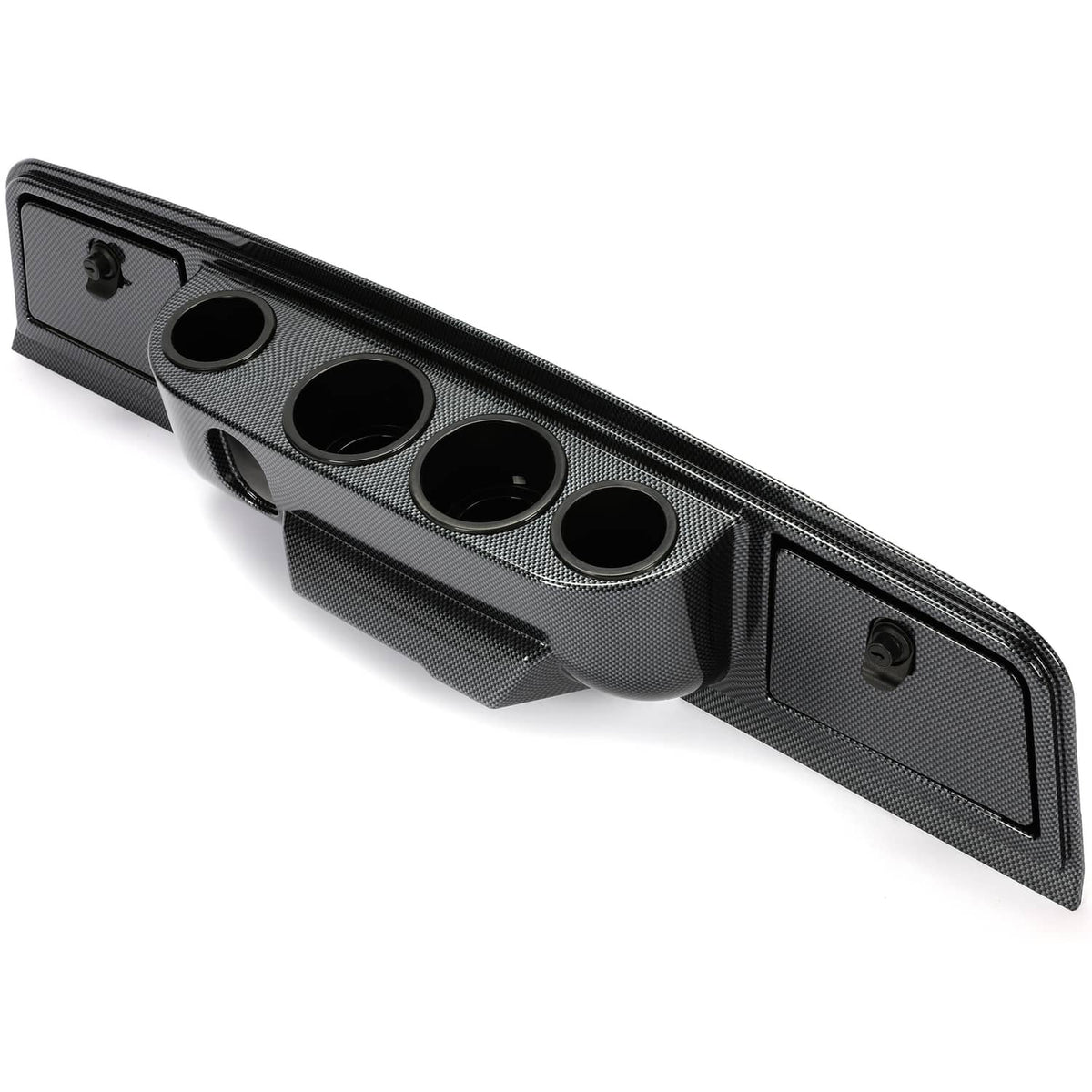 Carbon fiber dashboard cover with four circular cup cutouts and mounting hardware