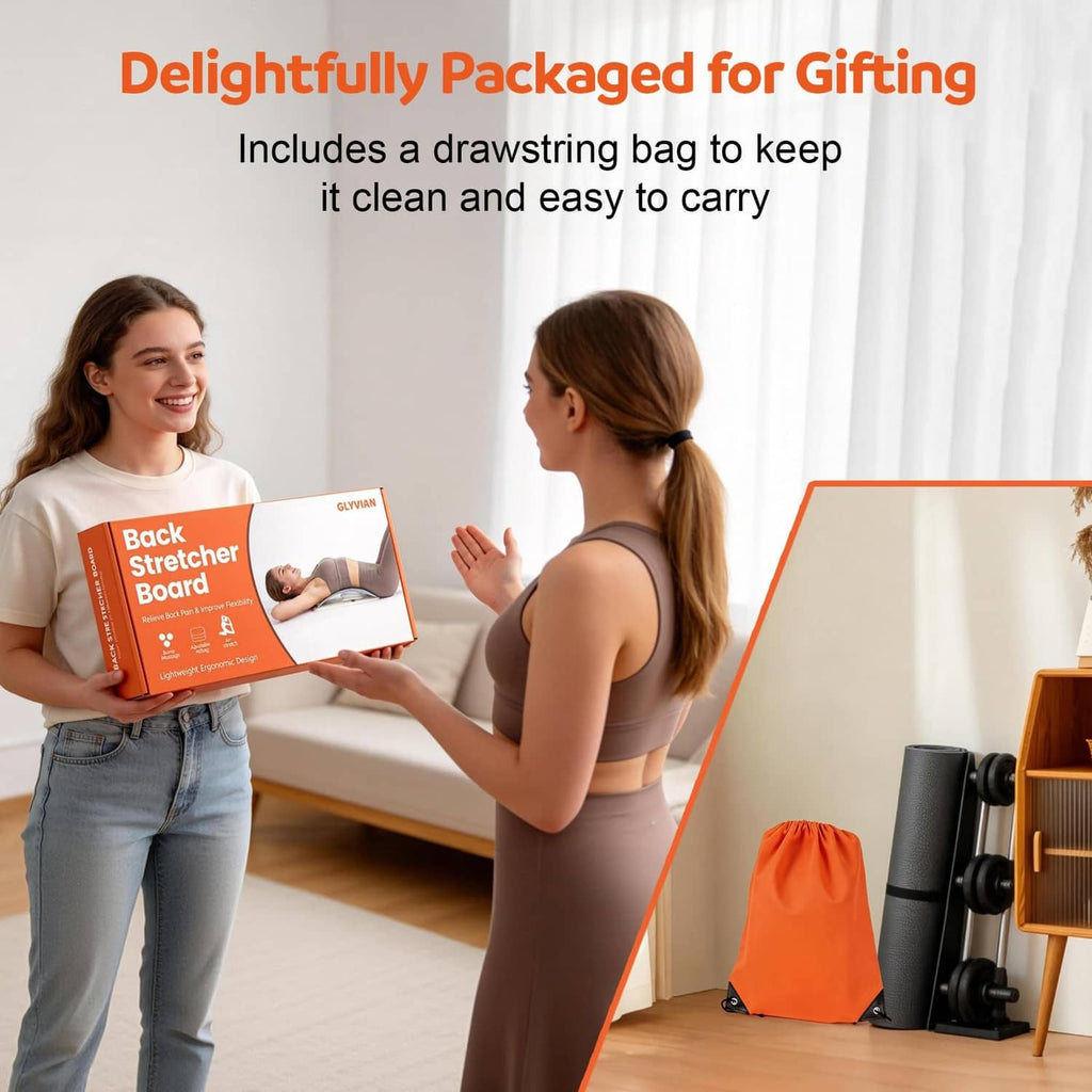 Inflatable back stretcher box and orange drawstring storage bag held for gifting