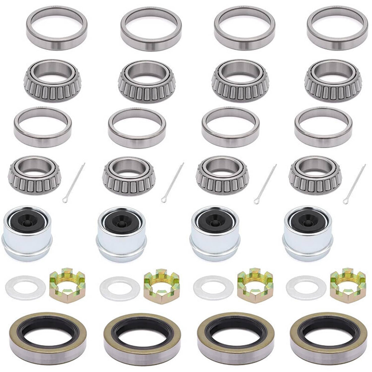 Assorted bearing seals and dust caps for boat trailer axle, with cotter pins