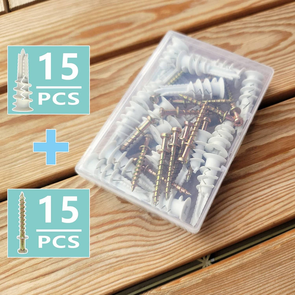 Self-drilling drywall anchors in clear organizer box, white plugs and gold screws