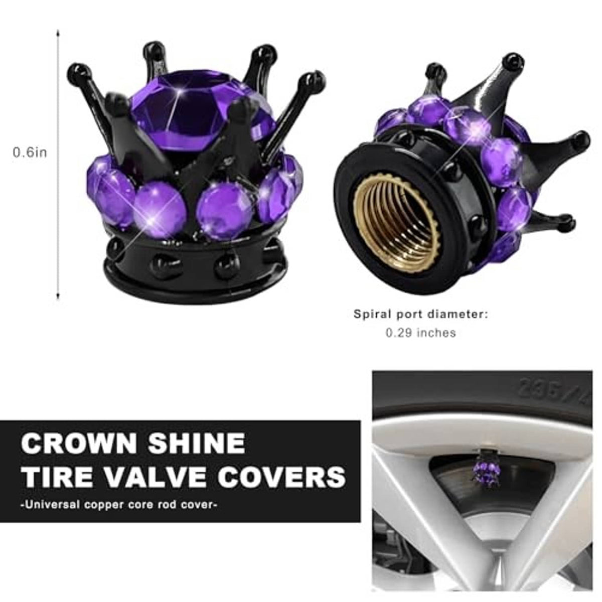 Black crown tire valve stem cap with purple gem top and brass threaded inlet, 2-pack view
