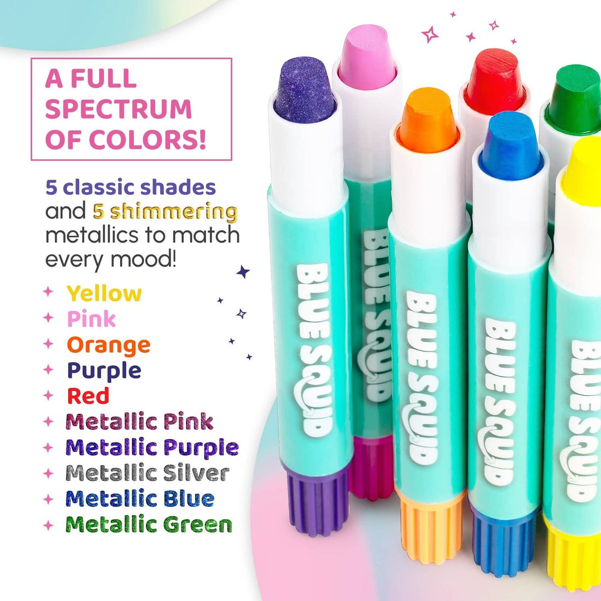 Blue Squid Hair Chalk Studio pens, classic and metallic shades, 10-pack