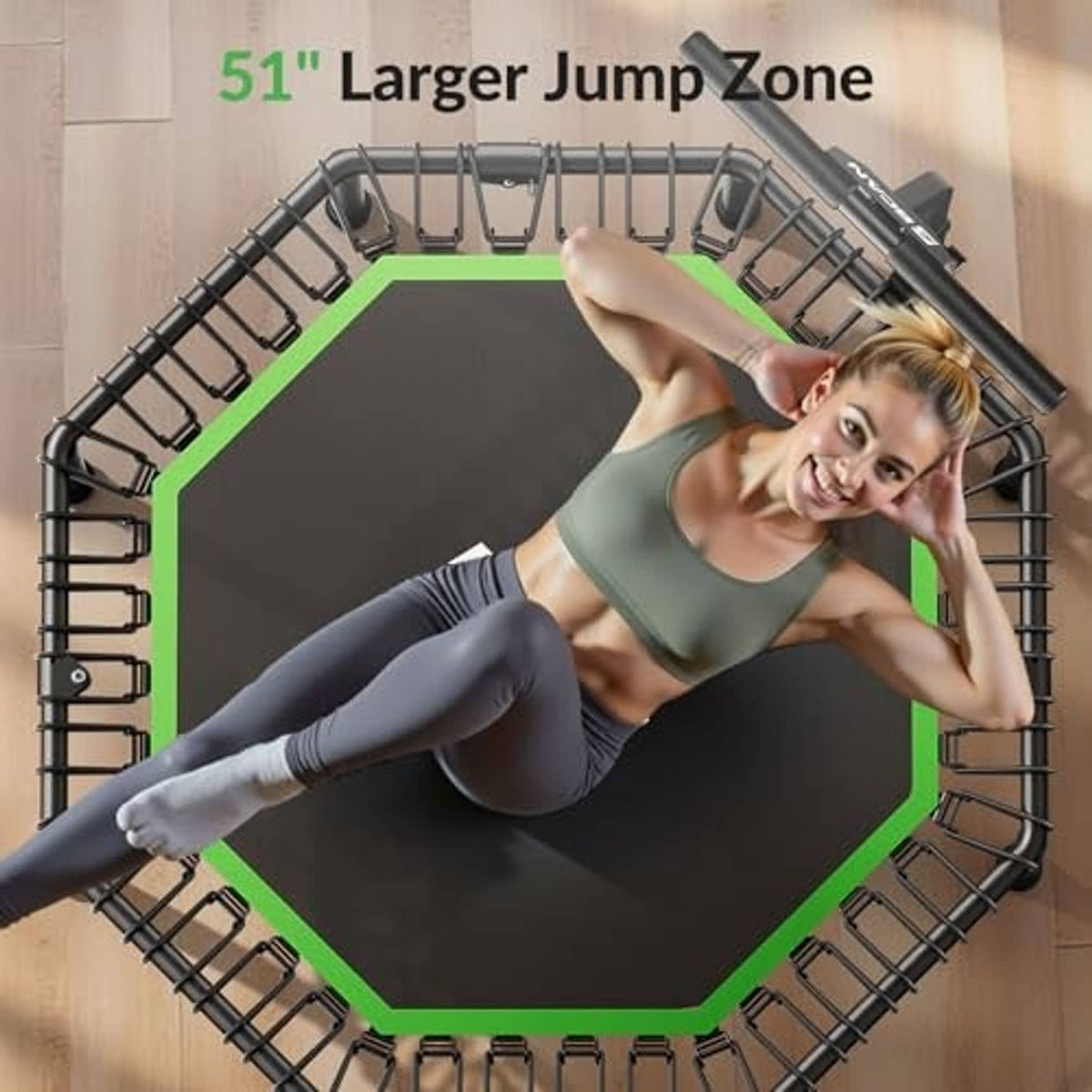 Octagonal rebounder trampoline with large green-rim jumping mat and raised safety springs
