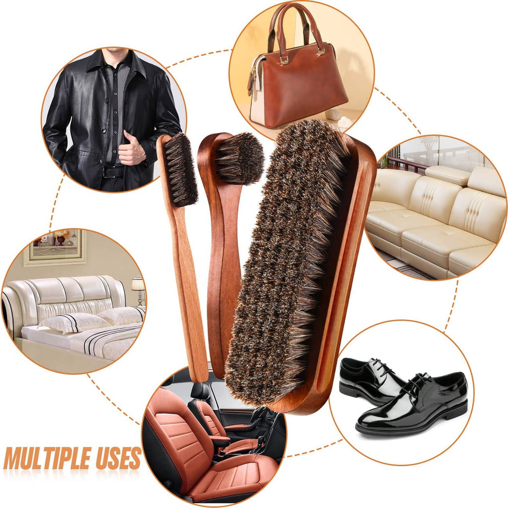 Horsehair shoe shine brush set with multiple wooden brushes and dauber applicator