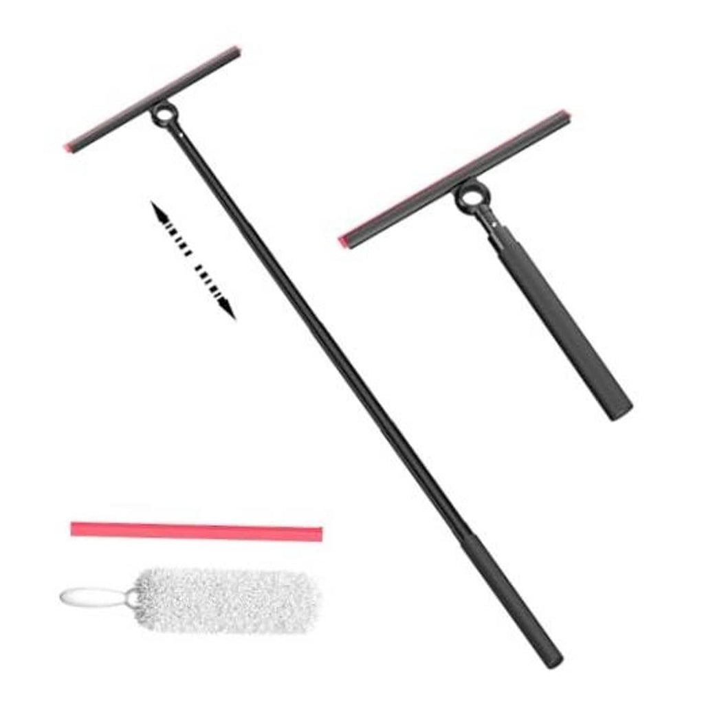 Shower glass squeegee with long black handle and red-edge blade, plus cleaning brush head