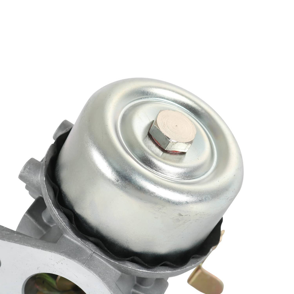 Carburetor with circular air intake and metal cap, silver-gray housing close-up