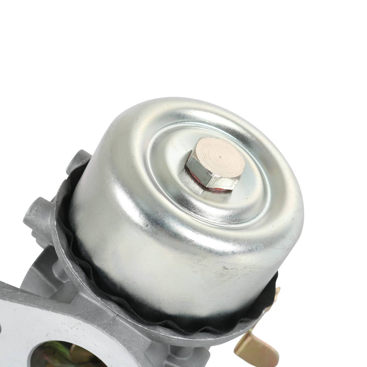 Carburetor with circular air intake and metal cap, silver-gray housing close-up