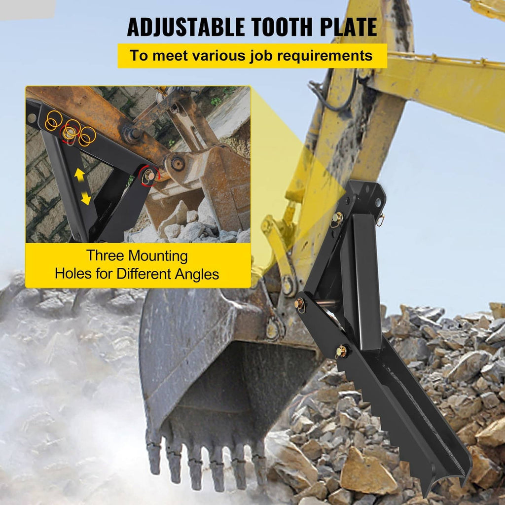 Black excavator thumb claw with serrated teeth and toothed grip plate