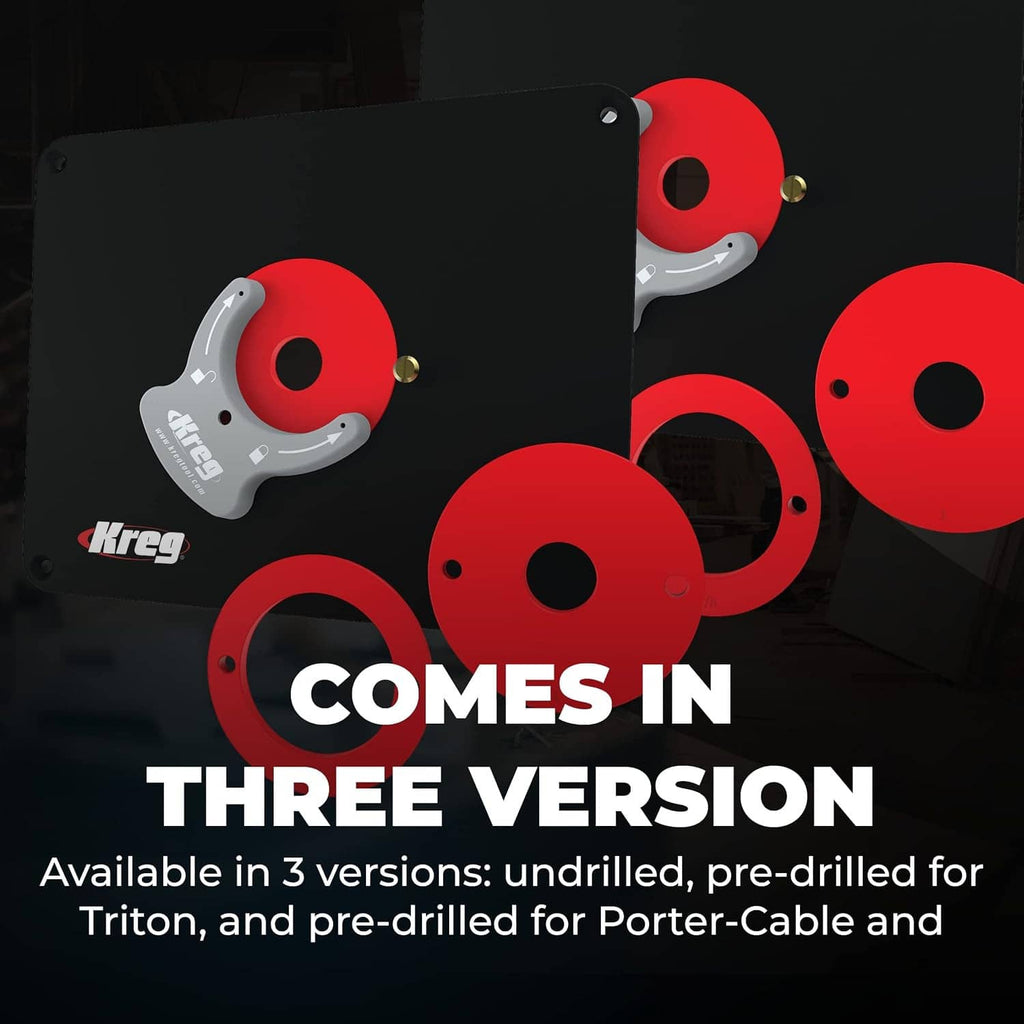 Router table insert plate with three red insert rings and gray cutter bit
