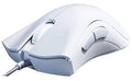 Mercury white wired gaming mouse with side buttons and textured grip panel.