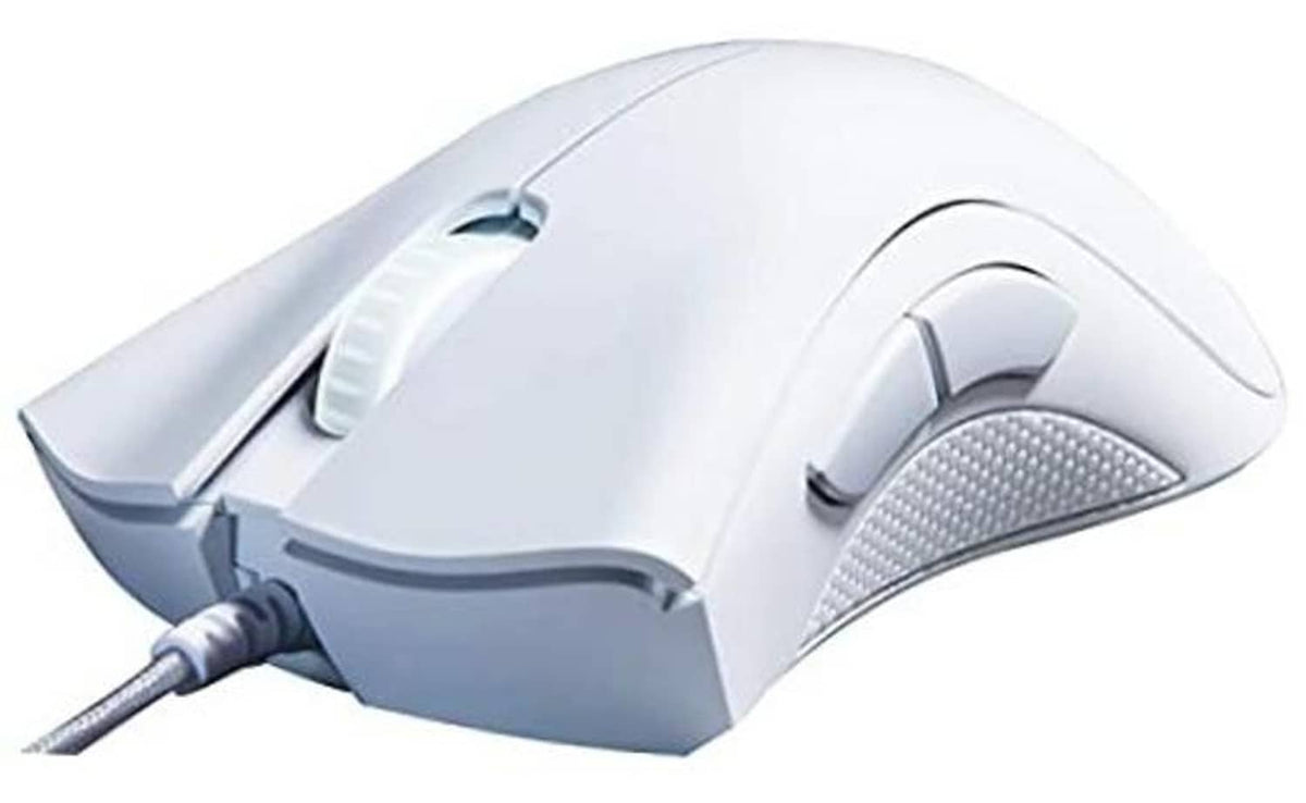 Mercury white wired gaming mouse with side buttons and textured grip panel.