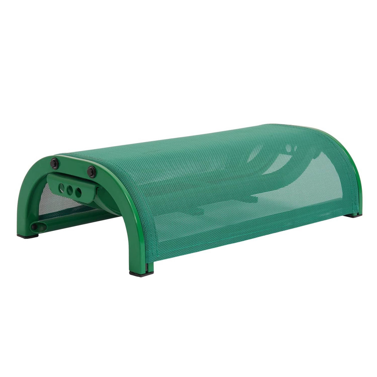 Green mesh boat seat with arched end legs and mounting plate, side angle.